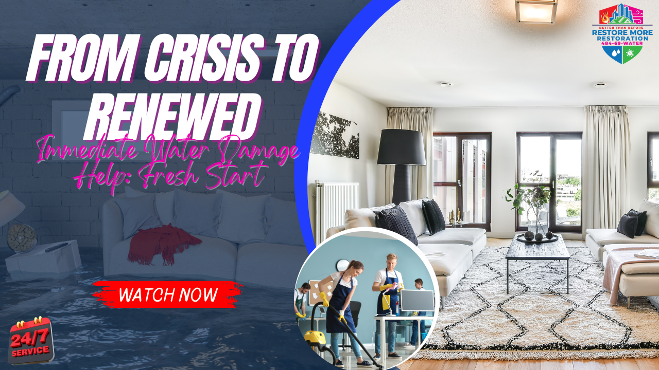 A promotional graphic for a water damage restoration service in Delaware County featuring a modern living room, restoration workers, and bold text about storm preparedness and crisis recovery.