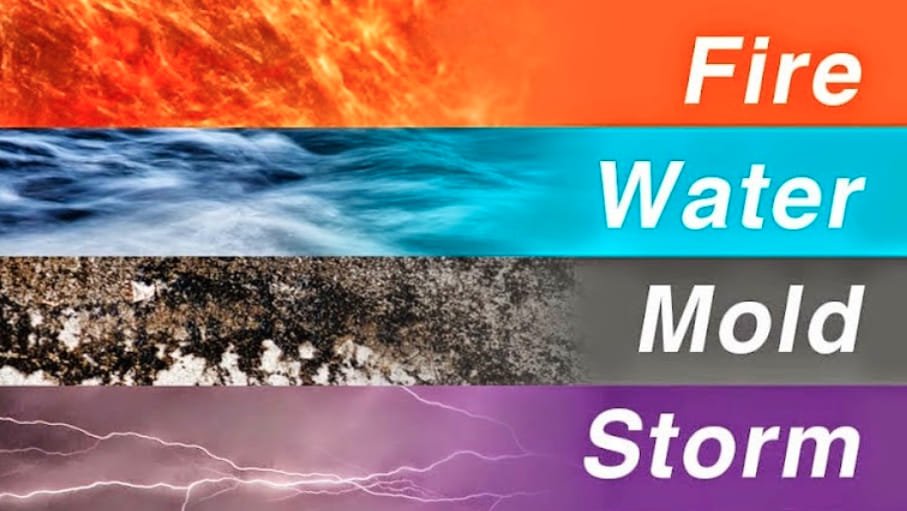 Four horizontal panels labeled Fire, Water, Mold, and Storm, each with a matching background image representing the respective element or event.
