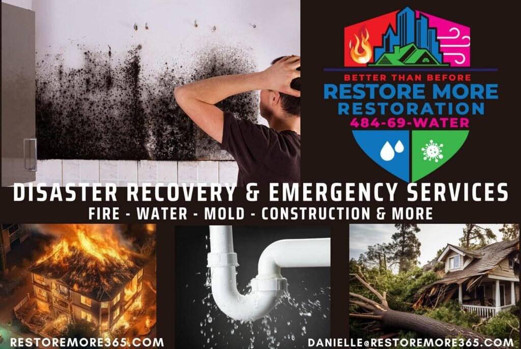 A restoration company ad shows services for fire, water, and mold damage, with images of fire, mold, a burst pipe, and a fallen tree on a house, plus contact information.