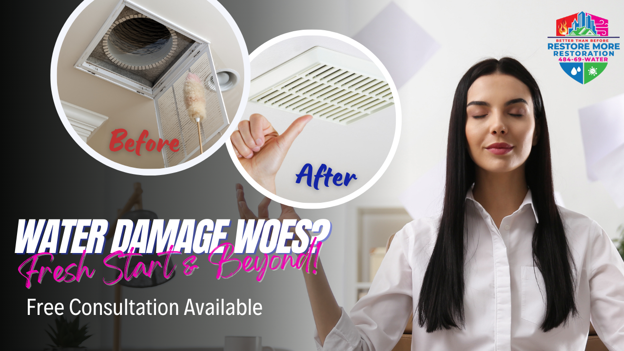 A woman relaxes as two inset images show an air vent before (dirty, damaged) and after (clean, repaired) restoration; text highlights professional water damage restoration PA services.