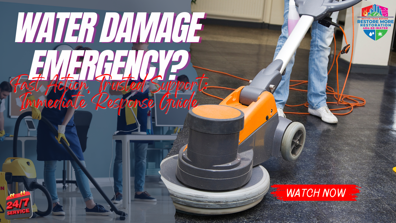 Person using a floor cleaning machine on dark flooring; text overlay offers emergency water damage restoration services and immediate response guide.