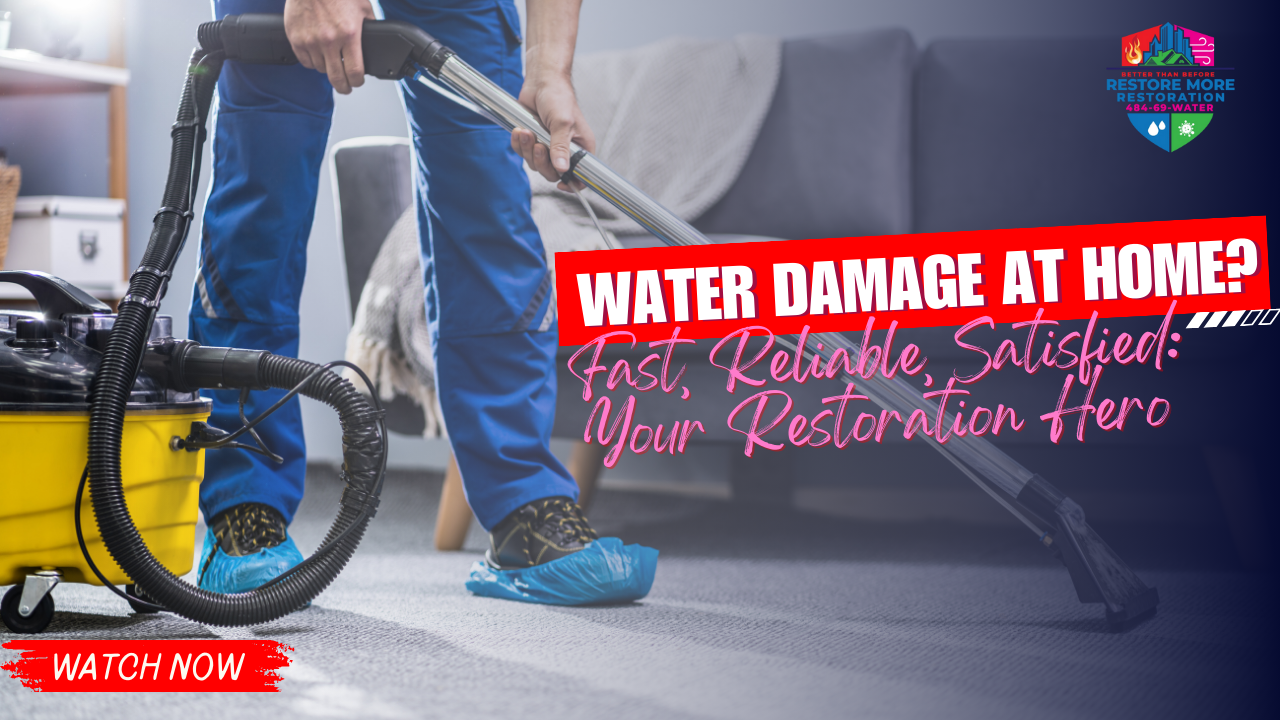A person in blue pants uses a wet vacuum on a carpet. Text reads, "Water Damage at Home? Fast, Reliable, Satisfied! Water damage clean up Glen Mills PA—Your Restoration Hero." Restoration company logo is visible.
