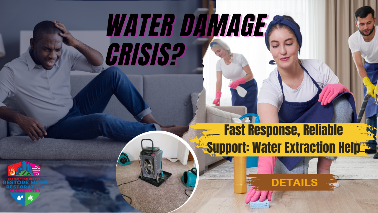 A man sits on a sofa looking distressed while two workers clean a wet floor; inset shows water extraction equipment. Text offers expert water damage service in Glen Mills PA and professional restoration services.