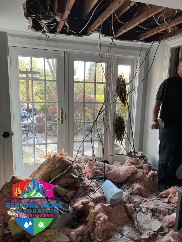 A ceiling has collapsed in a room, with insulation and wires hanging down and debris on the floor—signs often needing Fire Damage Restoration. A person stands nearby. The Restore More Restoration logo is overlaid in the corner.