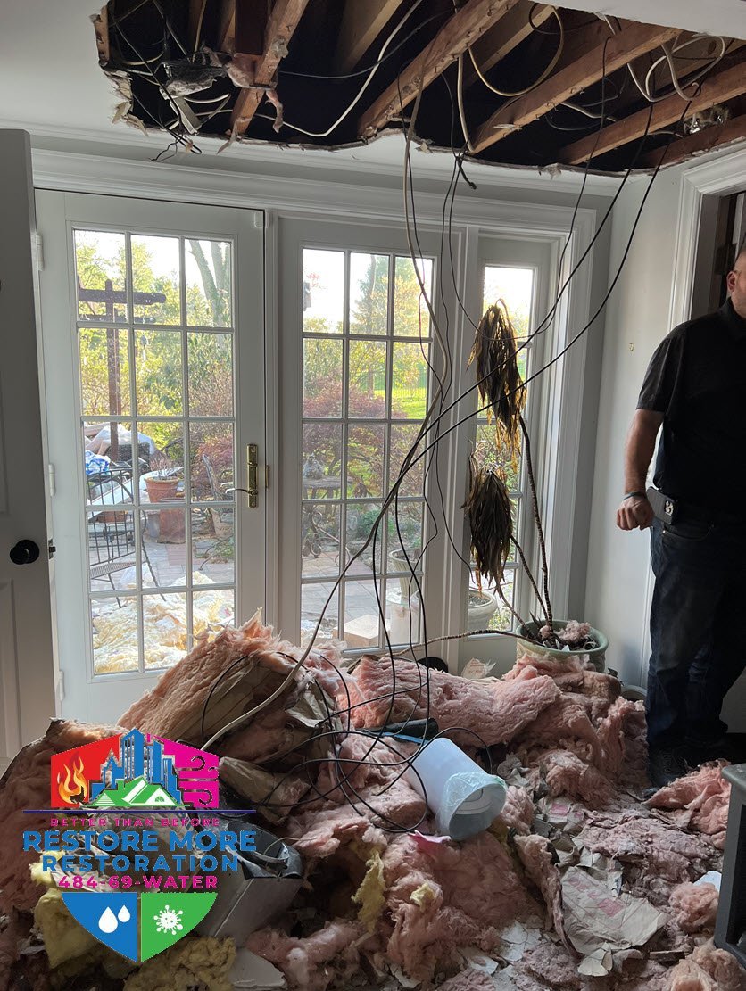 A ceiling has collapsed in a room, with insulation and wires hanging down and debris on the floor—signs often needing Fire Damage Restoration. A person stands nearby. The Restore More Restoration logo is overlaid in the corner.