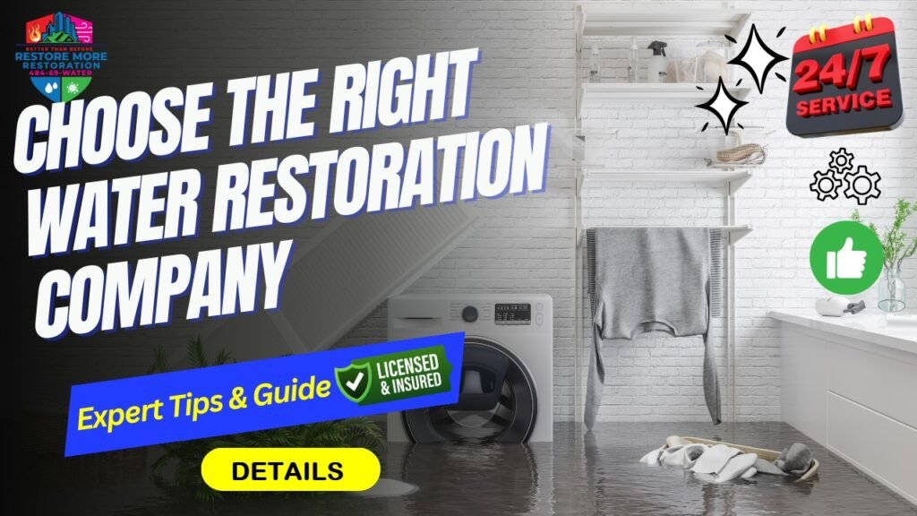 Flooded laundry room with water on the floor, washing machine, towels, and various graphics promoting a 24/7 water restoration company and expert tips.
